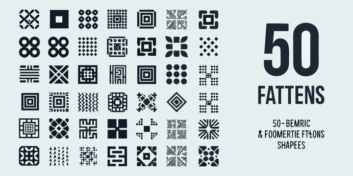 Collection of fifty geometric patterns and shapes black vector illustration on a light gray background