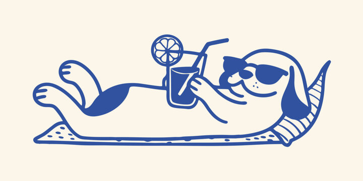 Blue line art illustration of a dog relaxing on a striped float with a cocktail