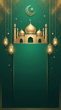 Eid Mubarak and Ramadan Kareem vertical background. Golden mosque with crescent moon and star. Hanging lanterns on green backdrop. Copy space for social media stories.