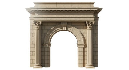 Obraz premium Classical stone archway with ornamental columns stands isolated against a white background.