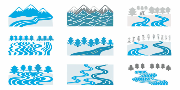 Nine stylized river icons with mountains and pine trees on a white background high quality