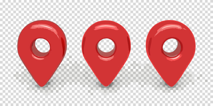 Three red 3d map markers isolated on transparent background location pins high quality professional detailed