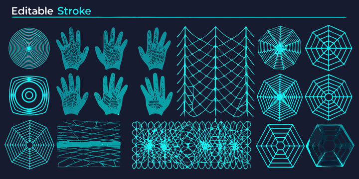 Collection of teal geometric wireframe shapes including hands and circular patterns high quality professional detailed