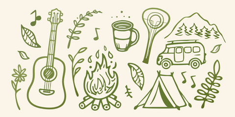 Hand drawn camping and music themed doodle set with guitar campfire and tent high quality © Bijoy