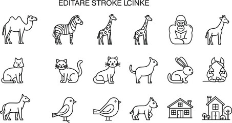 Obraz premium Outline Stroke Animal and House Icon Collection Set with Camel Zebra Giraffe Cat Rabbit and Bird for Nature and Pet Design