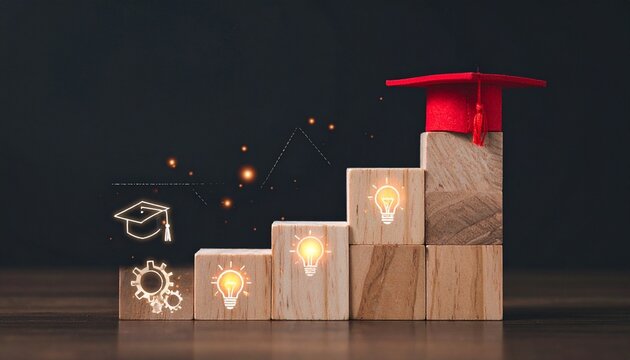 Wooden blocks ascending with glowing icons leading to graduation cap