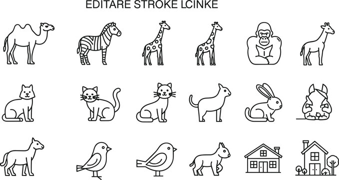 Outline Stroke Animal and House Icon Collection Set with Camel Zebra Giraffe Cat Rabbit and Bird for Nature and Pet Design