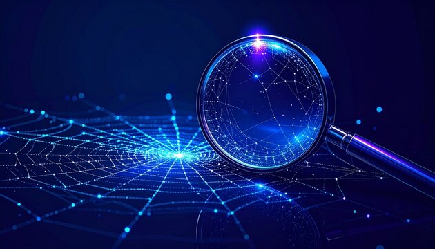 Magnifying glass analyzing digital network connections