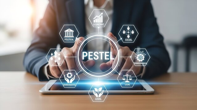 business professional analyzing pestel framework on digital tablet for strategic planning