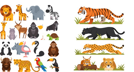Fototapeta premium Cute Cartoon Safari and Wild Big Cat Animal Collection Set with Tiger Panther Leopard and Jungle Creatures for Kids Illustration Design