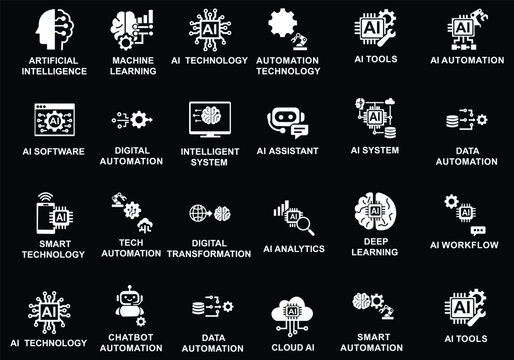AI tools and automation icon set featuring artificial intelligence, machine learning, deep learning, chatbot, neural network, smart technology, and digital transformation symbols.