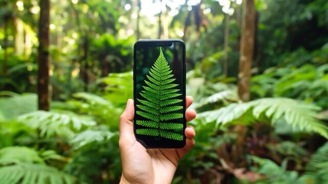 Hand holding a smartphone displaying a fern in a lush green forest