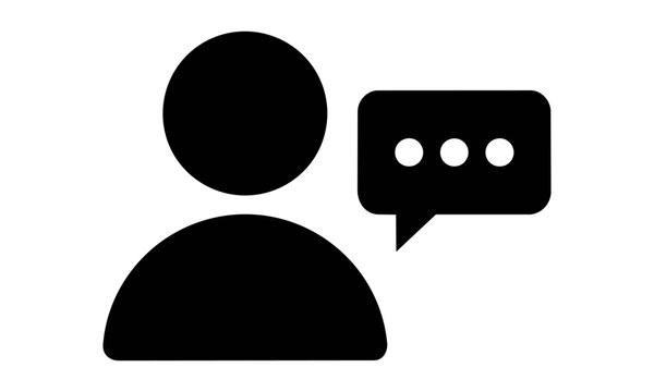 Minimalist black user avatar icon with a chat bubble and three dots on white background user communication concept