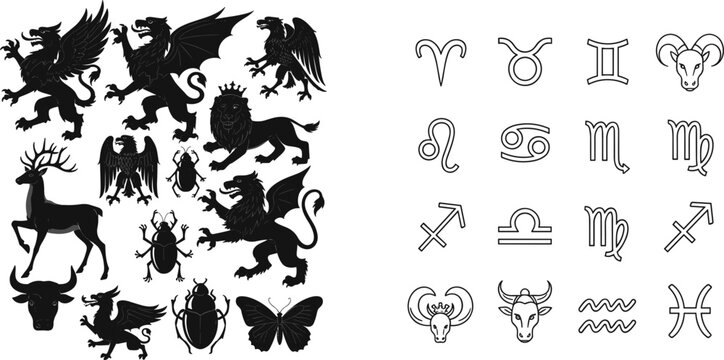 Black Silhouette Heraldic Mythical Creature and Zodiac Sign Collection Set with Griffin Dragon and Astrology Symbols for Tattoo Design