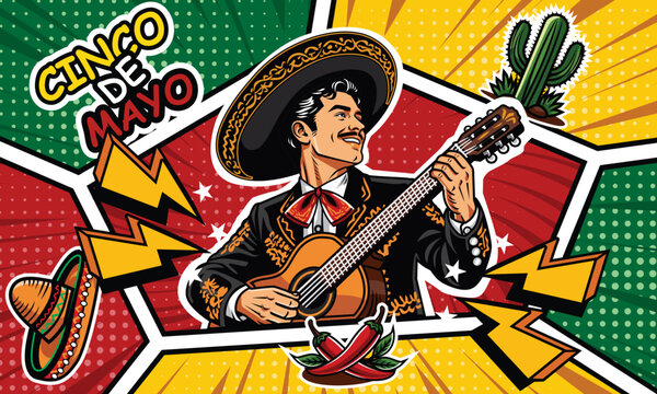 Cinco de Mayo Greeting Card Pop Art Illustration with Mariachi Guitar Player