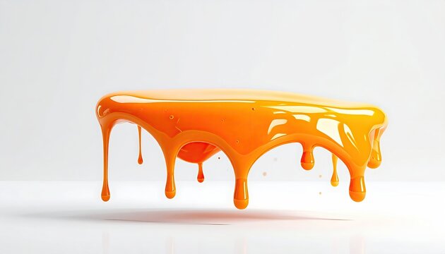 Glossy orange liquid drips from a smooth, reflective surface, suspended in air