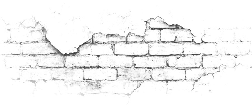 White brick wall with peeling plaster and rough texture in grayscale