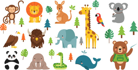 Fototapeta premium Cute Cartoon Wild Animal Collection Set with Lion Elephant Giraffe Panda and Ocean Whale for Kids and Nursery Illustration Design