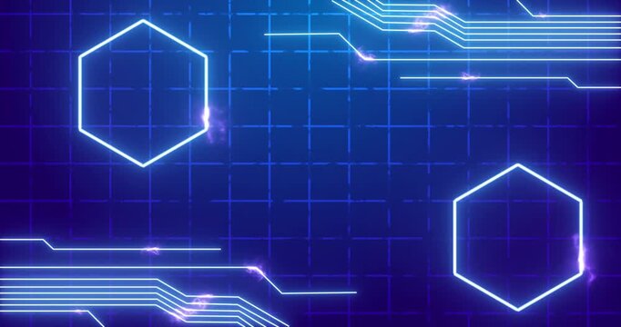 4K Futuristic glowing hexagons and digital circuit lines on a grid background.Transferring big data. Abstract digital data technology display screen. Transfer and storage of data sets on a grid BG.