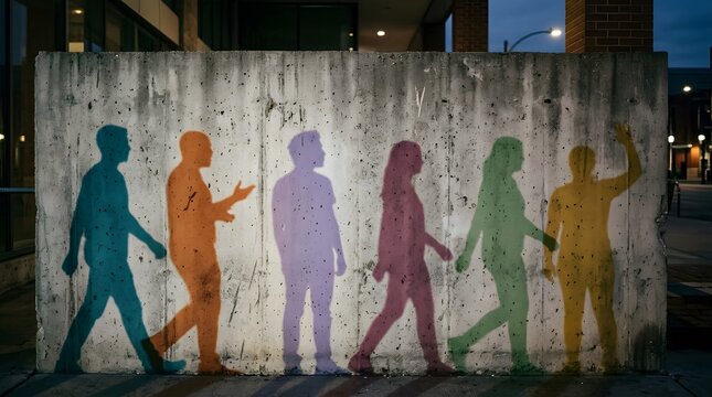 Vibrant, multi-colored human shadows stride across a textured concrete wall, symbolizing diversity and community in an urban setting with a message of unity
