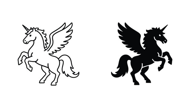 Majestic unicorn with wings pegasus icon set in minimalist black and white line art and solid graphic styles for fantasy branding and creative design