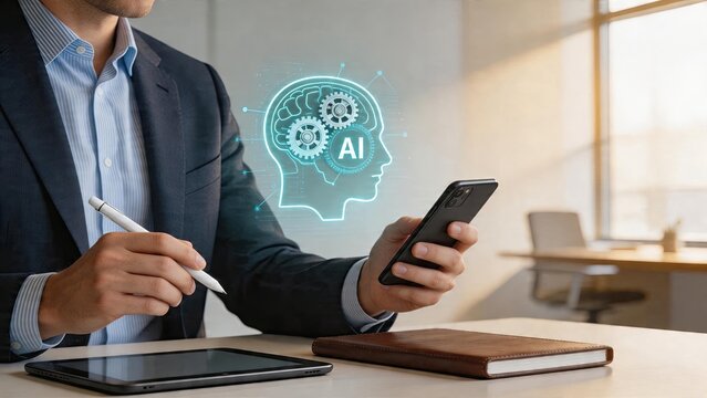 Businessman holding smartphone and pen with holographic AI artificial intelligence brain icon smart office desk workspace technology concept digital transformation innovation
