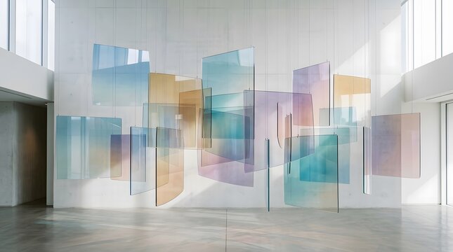 Abstract art installation featuring gracefully suspended translucent panels, creating a vibrant spectrum of shifting colors and ethereal light within a modern, minimalist exhibition space