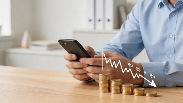Businessman holding smartphone looking at digital graph of financial decline with coins decreasing in size office setting economic crisis concept investment loss recession