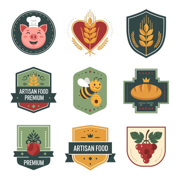 Artisan Food Badges: Pig, Wheat, Bee, Bread, Grapes, Apple Design Elements