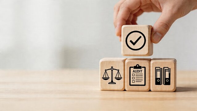Business audit compliance verification quality control success concept financial checking risk management process corporate governance strategy regulatory approval symbol document