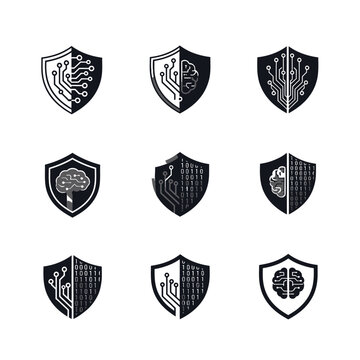 Cybersecurity Shield Icons: AI, Binary Code, Circuit Board, Brain, Data Protection