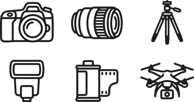 Photography equipment outline icons set.