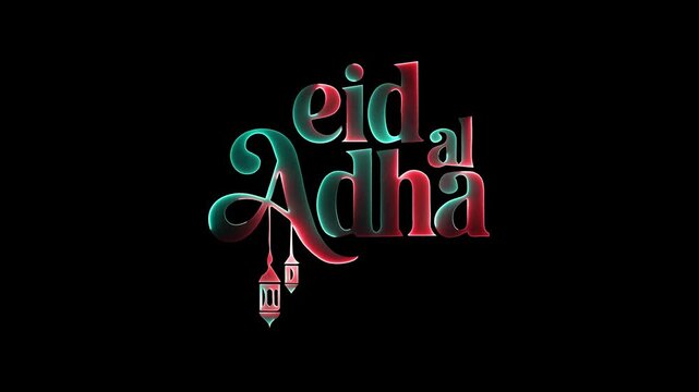 Glowing Muslim Holiday Eid al Adha Celebration Typography neon color saber animation on black background