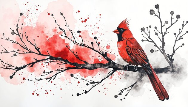 This is a watercolor illustration of a bright red cardinal perched on a bare branch, with splashes and washes of red paint in the background
