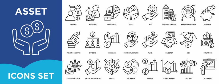 Asset  icon set illustrating income, investor, portfolio, asset, roi, venture capital for management and corporate projects.