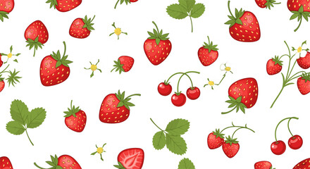 Colorful Strawberry and Cherry Seamless Pattern with Flowers and Leaves for Fresh Summer Fruit Textile and Background Design © MDShakhawat