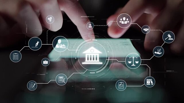 Futuristic digital law interface displaying justice scale, highlighting digital law, AI compliance, digital law systems, and digital law regulations for secure governance. Muxer