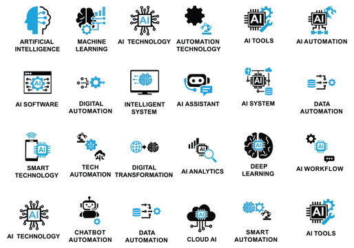 AI tools and automation icon set featuring artificial intelligence, machine learning, deep learning, chatbot, neural network, smart technology, and digital transformation symbols.