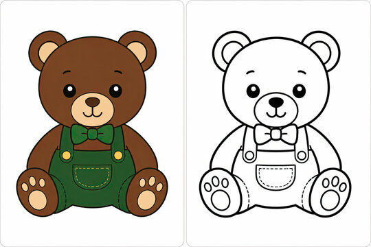 Adorable Teddy Bear Illustration with Cute Overalls for Kids Coloring Books and Educational Materials