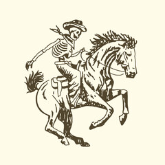 Skeleton cowboy riding horse illustration with wild west line art hand drawn old fashioned skeleton equestrian creature haunting mysterious illustration monochrome silhouette movement © bbilfunk