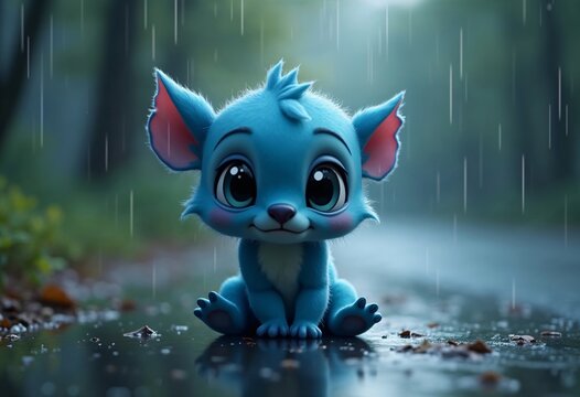 This is a digital illustration of a cute blue furry creature sitting in the rain