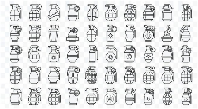 Collection of various hand grenades, a detailed outline illustration, ready for use.
