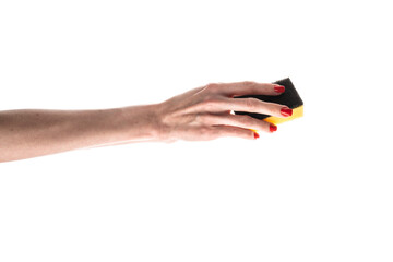 Obraz premium Sponge in female hand with red nails, isolated on a white background