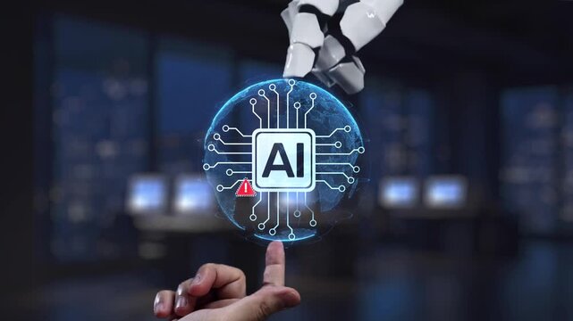 A human hand reaches out toward a robotic arm in a modern office, symbolizing the integration of artificial intelligence and human collaboration in technology. Synapse