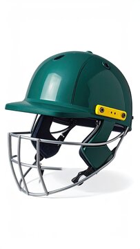 Green cricket helmet with silver face guard and yellow adjustable straps