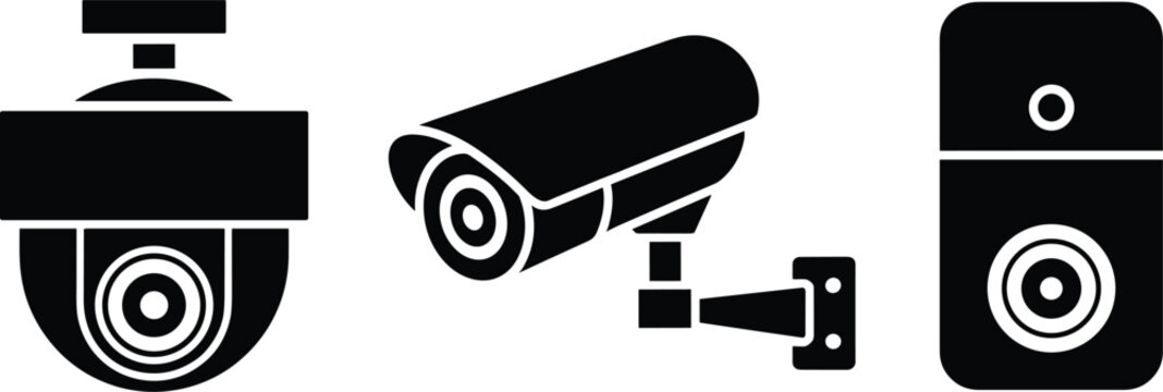 Black silhouette icons of dome camera, bullet camera, and doorbell camera, minimal surveillance design for home security, monitoring, technology, and protection concepts