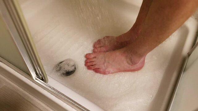 Low angle view of man washing feet in modern shower cabin with running water and soapy foam.