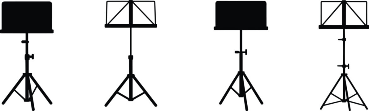 Black silhouette illustration of four music stands with tripod bases and sheet holders, minimal design for musicians, concerts, orchestras, rehearsal, and performance concepts