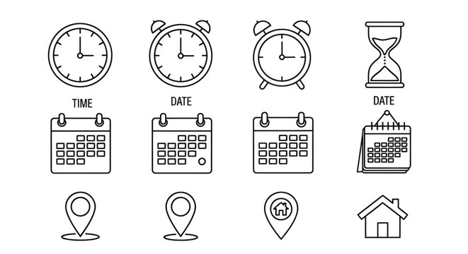 Collection of clock, calendar, and location icons for scheduling and time management in a vector graphic set.