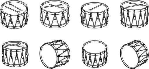 Black and White Line Art Drums and Drumsticks, Various Angles, Music Instrument Icons © vectorcorp